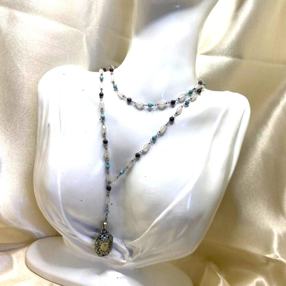 Vintage Liz Claiborne NWT Rosary style YNecklace Turquoise Purple Floral Pendant